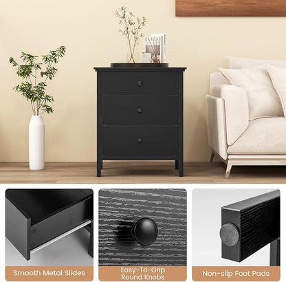 Giantex Nightstand with 3 Drawers, Wooden Side End Table with Solid Wood Legs, Retro 3-Drawer Bedside Table Night Stand for Bedroom Home Office Small Space, Easy Assembly, Black