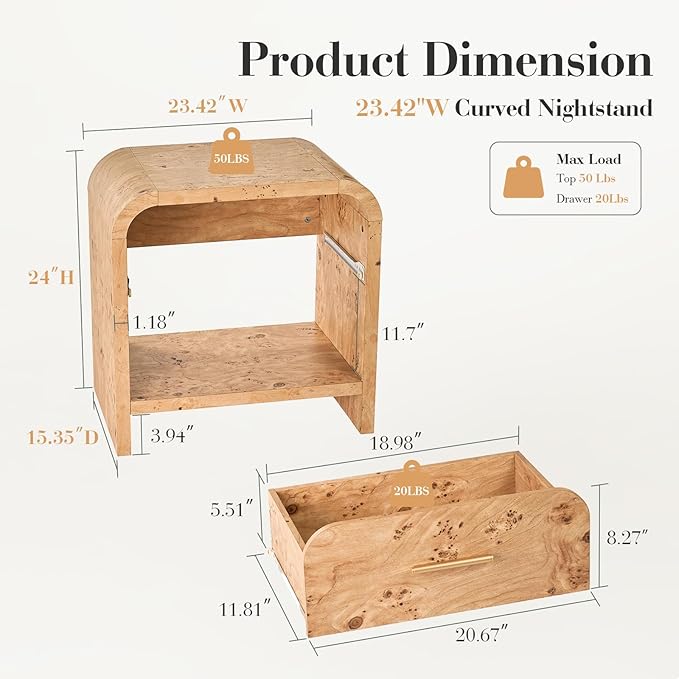 Night Stand Set of 2 [Unique Curved Profile] [FSC-Certified Wooden Board] 1-Drawer and 1 Storage Shelf Nightstand 24" H Metal Handle Modern Bedside Table Side Table End Table