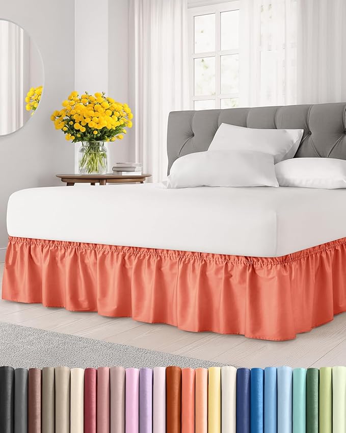 Wrap Around Dust Ruffle Bed Skirt - Coral - for King Size Beds with 15 Inch Drop - Easy Fit Elastic Strap - Adjustable Pleated Bedskirt w/Brushed Fabric - Wrinkle Free - for Women, Men, Kids & Teens