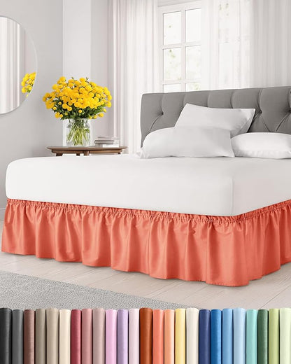 Wrap Around Dust Ruffle Bed Skirt - Coral - for King Size Beds with 15 Inch Drop - Easy Fit Elastic Strap - Adjustable Pleated Bedskirt w/Brushed Fabric - Wrinkle Free - for Women, Men, Kids & Teens