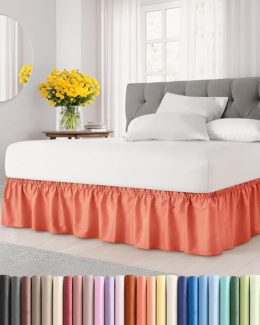 Wrap Around Dust Ruffle Bed Skirt - Coral - for Queen Size Beds with 21 Inch Drop - Easy Fit Elastic Strap - Adjustable Pleated Bedskirt w/Brushed Fabric - Wrinkle Free - for Women, Men, Kids & Teens