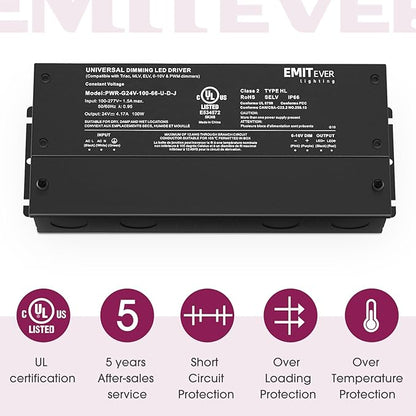 EMITEVER Dimmable Led Driver, 2 Packs 100W AC 110V-277V to DC 24V Transformer, 5-in-1 Dimming: ELV/MLV/TRIAC / 0-10V / 1-10V / 10V PWM/Potentiometer, Waterproof IP67 and UL Listed