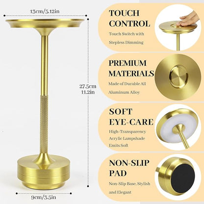 2 Pack Cordless Table Lamp Rechargeable, Portable Battery Powered USB Desk Lamp, 3 Color Dimming LED Table Light with Touch Control, for Bedroom/Restaurant/Office/Outdoor(Gold)