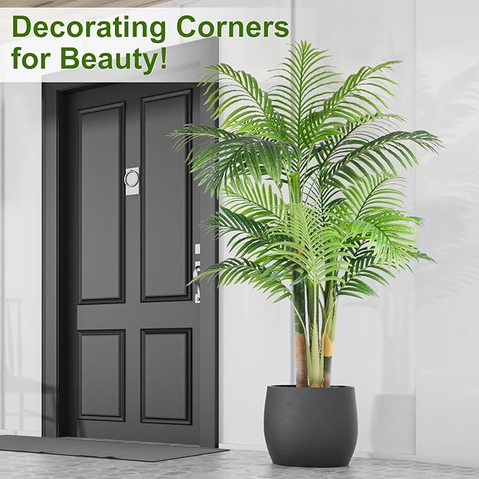 5ft Tall Triple Golden Cane Palm Artificial Tree Large Tropical Palm Tree UV Resistant Fake Plant in Pot for Indoor Outdoor Big House Living Room Outside Patio Office Home Decor 1Pack