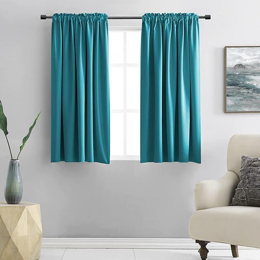 DONREN Teal Rod Pocket Blackout Curtain Drapes for Kitchen - Window Treatment Energy Saving Solid Curtains (42 by 45 Inches,2 Panels)