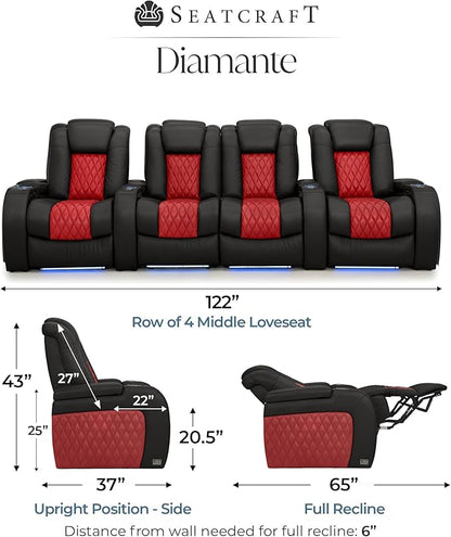 Seatcraft Diamante Zero-Gravity CoolZero Italian Leather Home Theater Seating, Power Headrest, Power Recline, Row of 4 Middle Loveseat, Black/Red