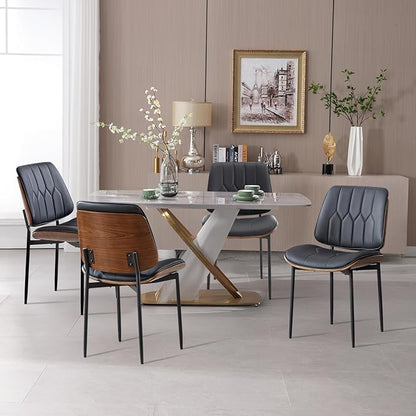 BV Mid Century Modern Dining Chairs Set of 6, Upholstered Pu Leather Armless Accent Chair with Walnut Bentwood Back, Retro Kitchen Chair for Dining Room, Living Room, Kitchen, Black