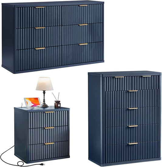 LEYAOYAO Fluted Dressers & Nightstand Set of 3, Wood 48" Wide Dresser & 42" Tall Chest of Drawers,Modern Bedroom Furniture Sets, Navy Blue Wooden Nightstand with 3 Drawers & Charging Station