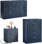 LEYAOYAO Fluted Dressers & Nightstand Set of 3, Wood 48" Wide Dresser & 42" Tall Chest of Drawers,Modern Bedroom Furniture Sets, Navy Blue Wooden Nightstand with 3 Drawers & Charging Station