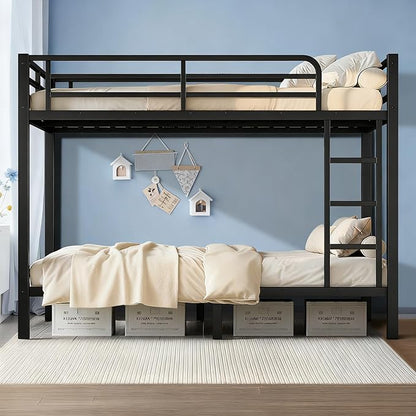 Twin Over Twin Bunk Bed Frame, Heavy Duty Metal Loft Bed for Adults/Teens, 250/400LB Capacity w/Ladder & Guardrail, Noise-Free Steel Slats, No Box Spring Required, Black