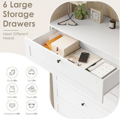 HOSTACK White 6 Drawer Dresser for Bedroom, 52" Tall Dresser & Chest of Drawers, 29" W Wood Drawer Chest, Modern Vertical Storage Cabinet for Living Room, Entryway, Hallway