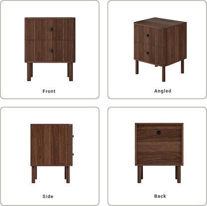 Night Stand with Charging Station, 18" Fluted Nighstand with Rounded Corners & Solid Wood Legs, 2 Drawers End Table with Storage, Mid Century Modern Bedside Table for Bedroom, Walnut