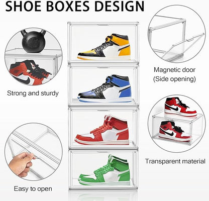 10 Pcs Clear Shoe Storage Boxes Stackable Acrylic Sneaker Shoe Display Case Size 14, Transparent Storage Bins for Boot Handbag Organizer Containers with Magnetic Lids
