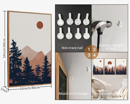 YeeHomedec Large Boho Mountain Framed Canvas Wall Art, Mid Century Modern Wall Decor, Nature Sunset Landscape Art Painting, Wood Pine Trees Artwork for Living Room Bedroom Office Farmhouse 16"x24"x3
