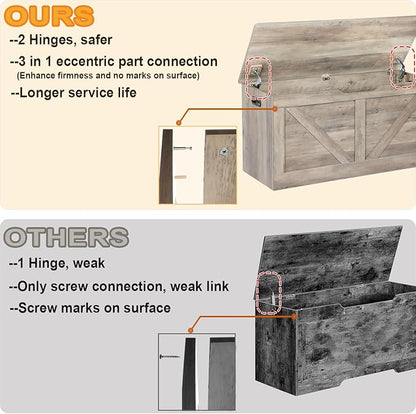 Timberer 39.4" Storage Chest, Wooden Storage Bench, Large Storage Trunk with 2 Safety Hinges, Entryway Shoes Bench for Living Room, Bedroom, Grey