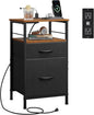 WLIVE Nightstand with Charging Station, Night Stand with 2 Fabric Drawers, Bedside Table, Small Dresser for Bedroom, Side Table with USB Ports and Outlets, Black and Rustic Brown