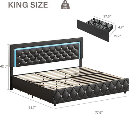BarnFurin King Size Bed Frame with LED Lights and Storage Drawers, Upholstered Platform Bed with Crystal Tufted Headboard, Wooden Slats Support, No Box Spring Needed, Easy Assembly, Black