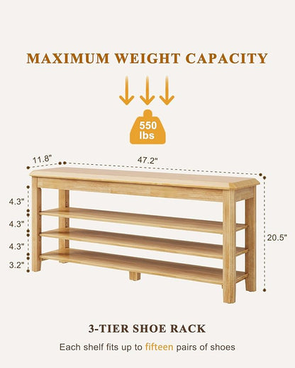 Shoe Rack Bench Seat Rubberwood 3-Tier Wooden Storage Bench 550lbs Compact Mid-Century Modern Design for Entryway, Hallway, Closet, Front Door Entrance, Foyer