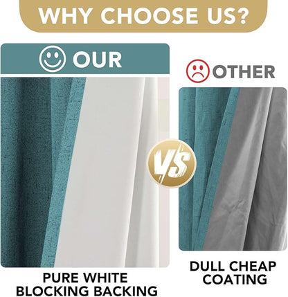 H.VERSAILTEX Linen Blackout Curtains 63 Inches Long 100% Absolutely Blackout Thermal Insulated Textured Linen Look Curtain Draperies Anti-Rust Grommet, Energy Saving with White Liner, 2 Panels, Teal