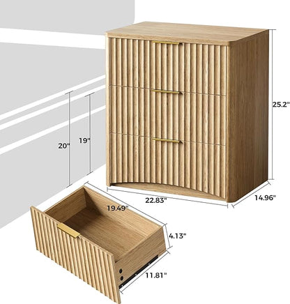 Evermagin Fluted Nightstand Set of 2, Natural Oak Bedside Table with 3 Drawers, Wood End Table with Storage Mid Century Modern, Large Night Stand for Bedroom