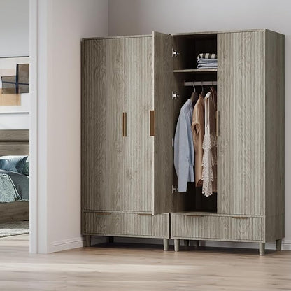 VINGLI Fluted Armoire Wardrobe Closet Wooden with Doors and Drawers, Wardrobe Cabinet with Hanging Rack, Bedroom Closet Wood, Free Standing Armoire with Shelf and Solid Wood Legs, Grey