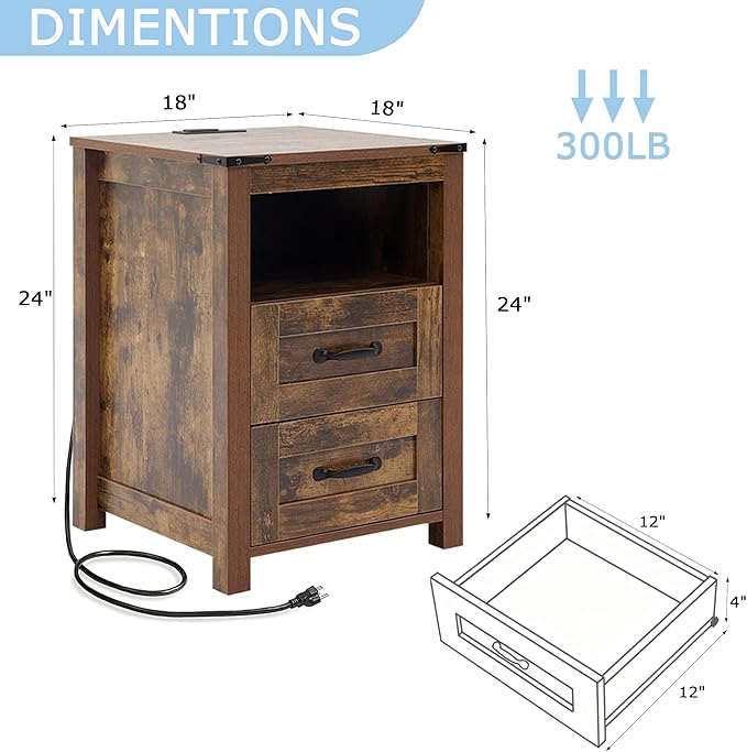 Puntogen Brown Night Stand Set of 2, Rustic End Table with Charging Station, Farmhouse Tall Nightstand for Bedroom, Drawer Dresser Bedside Table with Open Storage Shelf
