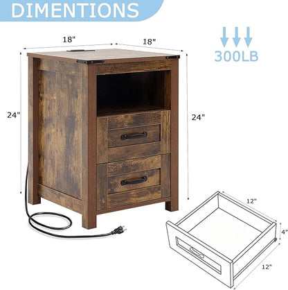Puntogen Brown Night Stand, Rustic End Table with Charging Station, Farmhouse Tall Nightstand for Bedroom, Drawer Dresser Bedside Table with Open Storage Shelf