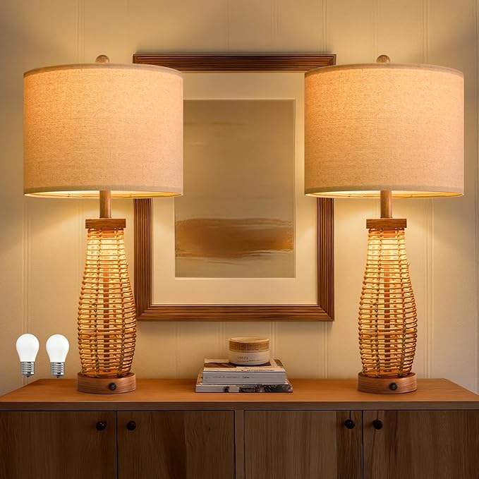 OYEARS 28" Table Lamps Set of 2 with Dual Night Lights, Bedside Lamps for Bedroom, Boho Lamp for Living Room, Rattan Table Lamp with Linen Shade, Farmhouse Lamp with Wood Grain Finish (Bulb Included)