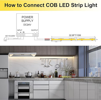LED Strip Lights 32.8FT,Dimmable cob led Strip with Adapter and Remote,Superbright 24V led Tape,CRI90+,2700K Warm White led Strips,Indoor Perfect for Cabinet,Room,Kitchen,TV,Mirror