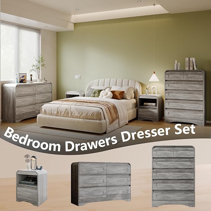 4 Pcs Bedroom Set, Dresser and Nightstand Sets, Modern Wooden Tall 6 Drawer Dressers, Wide 6 Drawers Dresser & Night Stand Set of 2 for Bedroom, Grey