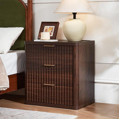 LEYAOYAO 23" Wide Fluted Farmhouse Night Stand Set of 2 with Charging Station, 3 Drawers Large End Table w/Metal Handle, Walnut Nightstand Bedside Table,Wood Dresser for Bedroom, Closet