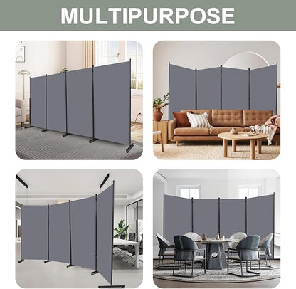 Room Divider Folding Privacy Screens with Wheels, 6FT Tall Divider for Room Separation, Movable Room Partitons and Dividers, Indoor Room Dividers Panel with Fabric (Grey, 4 Panel-136‘’-Round Pad)