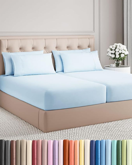 Split King 7 Piece Sheet Set - Cooling & Breathable - Hotel Luxury Bedding, Includes Fitted Sheets for Women, Men, Kids & Teens - 1 Flat, 2 Fitted Sheets, 4 Pillowcases with Deep Pockets - Baby Blue