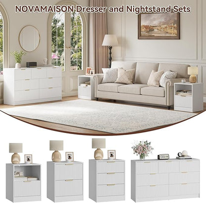 White Dresser & Nightstand Set 3-Piece, Bedroom Dresser with 7 Drawers, Night Stand Set of 2 w/Metal Handle, Fluted Modern Wood Chest of Drawers Storage Dressers Set for Bedroom, White