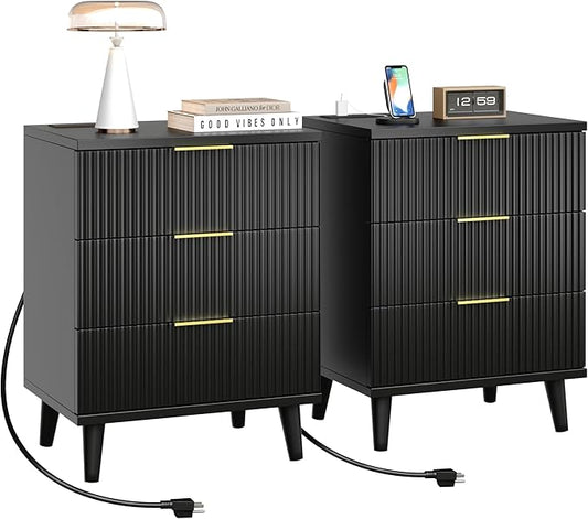 Fluted Night Stand Set of 2 with USB Charging Station, 3-Drawer Dresser Black Wood Modern Night Stand Bedside Table with Quiet Drawers & Large Storage End Table for Bedroom