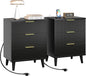 Fluted Night Stand Set of 2 with USB Charging Station, 3-Drawer Dresser Black Wood Modern Night Stand Bedside Table with Quiet Drawers & Large Storage End Table for Bedroom
