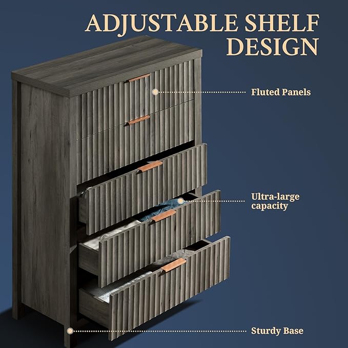 5 Drawers Dresser for Bedroom, 44 Inches Tall Modern Bedroom Dressers, Chest of Drawers for Bedroom, Fluted Dresser for Closet Organizer for Living Room, Hallway, Entryway (Midnight Oak, 2 Pieces)