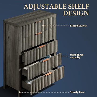5 Drawers Dresser for Bedroom, 44 Inches Tall Modern Bedroom Dressers, Chest of Drawers for Bedroom, Fluted Dresser for Closet Organizer for Living Room, Hallway, Entryway (Midnight Oak, 2 Pieces)