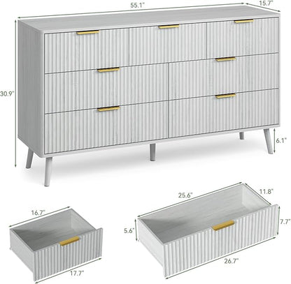 LYNSOM Fluted Dresser and Nightstand Sets 3 Piece, 7-Drawers Dresser and 1-Drawer Nightstands Set of 2, Wood Bedroom Furniture Set for Home, Bedroom, Hallway, White