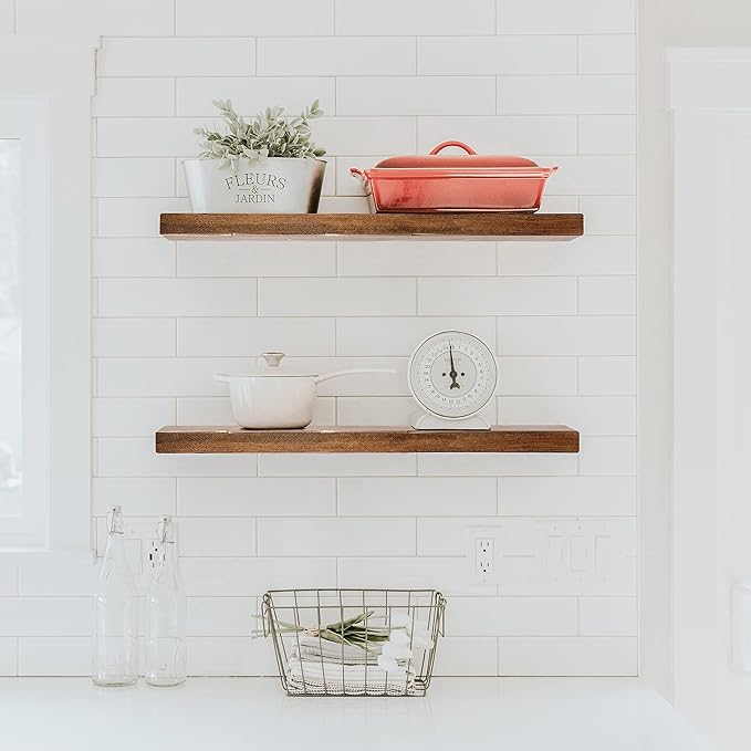 URBANDI, Rustic Floating Shelves, Set of 2, Hidden Bracket, Solid Wood, Heavy Duty, Wall Mounted Shelves, (Provincial, 48Wx8D)
