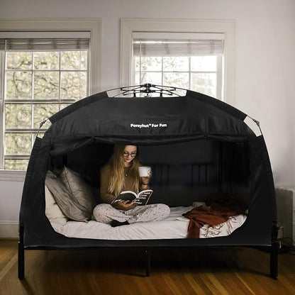 Indoor Instant Privacy Bed Tent for Sleeping,Quick Set-up Bed Canopies,Portable Bed Drapes with Large Space and 3 Doors (Black, Full)