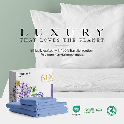 Carressa Linen 100% Egyptian Cotton Twin Sheets Set - 600 Thread Count Egyptian Cotton Luxury Twin Sheets (3 PC, Marine Blue), 16" Deep Pocket, Soft, Cooling, Sateen Weave College Dorm Room Bedding