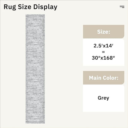Runner Rug 2'6" x 14' Washable Non-Slip Runner Rugs for Kitchen Bathroom Laundry Room Vintage Ultra Thin Runners for Hallway Entryway Grey
