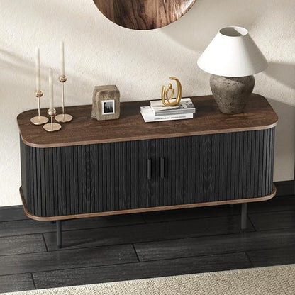47''W Black Cabinet with Storage, Media Console, Tambour TV Stand, Television Stands with Curvy Edge; Sliding Door, Fluted Cabinet, Buffet Sideboard, Credenza, Table Stand for Living Room, Kitchen