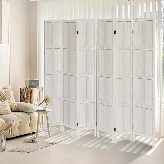 6 Panel Room Divider, 5.6Ft Wood Room Dividers and Folding Privacy Screens, Room Divider Wall Freestanding Room Partitions, Room Dividers Screen for Home Office Bedroom, White