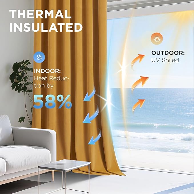 Joydeco Mustard Yellow 100% Blackout Curtains 90 Inch 2 Panels, Luxury Thermal Yellow Velvet Curtains for Bedroom Living Room, Soundproof Blackout Window Drapes, Grommet Top (52W x 90L)