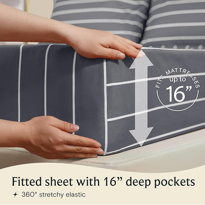 LuxClub 4 PC Full Sheet Set, Deep Pockets Wrinkle Free Cooling Bed Sheets Hotel Bedding for Women, Men, Includes 1 Fitted Sheet, 1 Flat Sheet and 2 Pillowcases-Striped - Light Grey