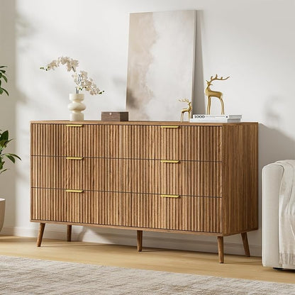 LYNSOM 55" Wide Fluted Dresser for Bedroom with 6 Drawer, Modern Chest of Drawers with Curved Profile Design and Metal Handles, Wood Dresser TV Stand & Storage Organizer for Living Room, Walnut
