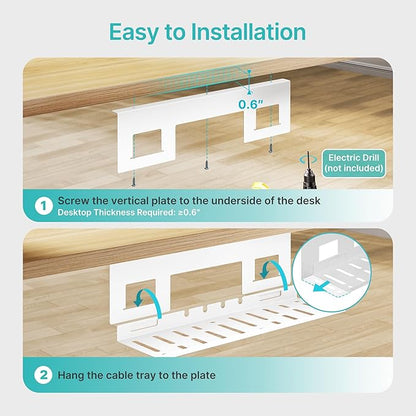 Under Desk Cable Management Tray, 15.7 Inches Metal Cord Organizer Rack, Desk Tray for Power Strip, Cord, Wire, Easy Mounting Cable Management Under Table for Home Office, White