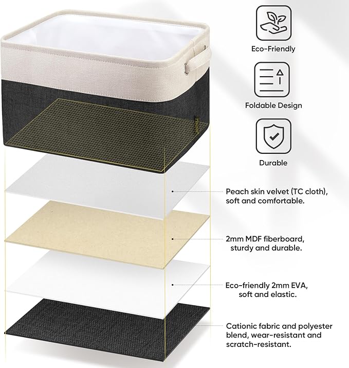 BALEINE 2 Pack Fabric Storage Bins for Shelves, Linen Storage Baskets for Organizing, Decorative Closet Bins for Clothes, Home (Black, 12"x8"x8")